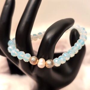 Moonstone Beaded Stretch Bracelet With Irregular Pearl Focus